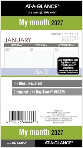 AT-A-GLANCE 2027 Planner Refill, Monthly, 3.75" x 6.75", Portable Size 3, Tabbed, 7-Ring Loose-Leaf (063-685Y-27) in Saudi Arabia