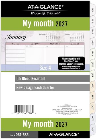 AT-A-GLANCE 2027 Planner Refill, Monthly, 3.75" x 6.75", Portable Size 3, Tabbed, 7-Ring Loose-Leaf (063-685Y-27) in Saudi Arabia