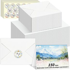 UZLU 150 Sets Watercolor Cards with Envelopes and Stickers, 4x6 Inches Watercolor Paper Cards, 140lb/300GSM Foldable Watercolor Postcards with Envelopes for Birthday Mother's Day Wedding Gifts Card in Kuwait
