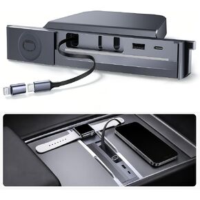 LOWEEY USB Hub لملحقات Tesla Model Y Juniper 2025-2026 & Model 3 Highland 2024-2026، شاحن هاتف قابل للسحب مع محولات وساعة قاعدة شحن مغناطيسية متعددة المنافذ لوحدة التحكم المركزية in Kuwait