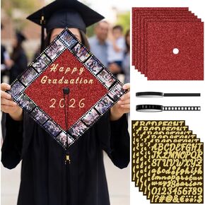 مجموعة 6 مجموعات من Gersoniel لتزيين غطاء التخرج لعام 2026، بطاقات لامعة، شريط على شكل فيلم وملصق حرف ورق بناء لقبعة التخرج لحفلات التخرج ديكور DIY (فضي) in Kuwait