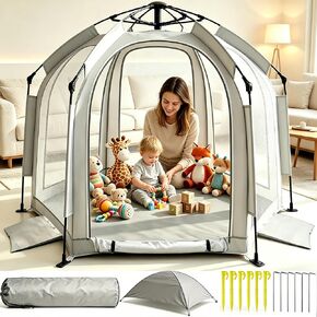 Baby Playpen with Removable Canopy, Pop Up Baby Beach Tent, Full Open Entrance Design, Portable Indoor & Outdoor Travel Playpen with Stability Weight Bags, Storage Bag & Inserts in Saudi Arabia