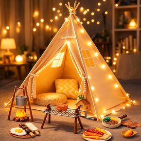 Teepee Tent for Kids with BBQ Pretend Play Toys, Spacious 60" Kids Play Tent Indoor & Outdoor, Foldable Playhouse with Mat & Star Lights, Washable Camping Toys Gift for Boys & Girls Ages 3–8 in Saudi Arabia