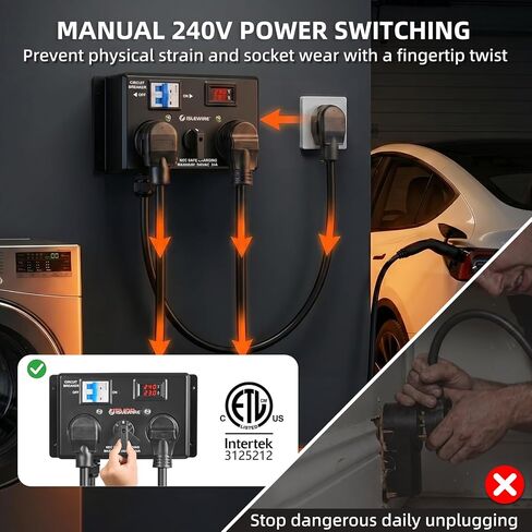 مفتاح شحن يدوي EV للمجفف والمركبات الكهربائية، مقسم طاقة 24 أمبير 240 فولت مع قاطع أمان لمخرج المجفف، محدد يعمل يدويًا، التوصيل والتشغيل، NEMA 14-30P إلى NEMA 14-30R وNEMA 14-50R، مدرج في قائمة ETL in Kuwait