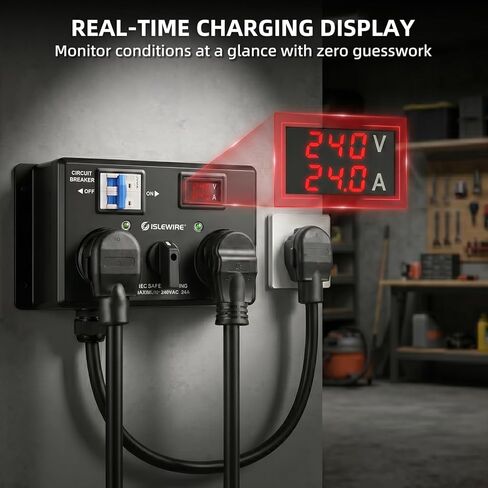 مفتاح شحن يدوي EV للمجفف والمركبات الكهربائية، مقسم طاقة 24 أمبير 240 فولت مع قاطع أمان لمخرج المجفف، محدد يعمل يدويًا، التوصيل والتشغيل، NEMA 14-30P إلى NEMA 14-30R وNEMA 14-50R، مدرج في قائمة ETL in Kuwait