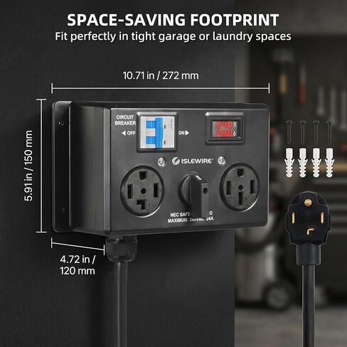 مفتاح شحن يدوي EV للمجفف والمركبات الكهربائية، مقسم طاقة 24 أمبير 240 فولت مع قاطع أمان لمخرج المجفف، محدد يعمل يدويًا، التوصيل والتشغيل، NEMA 14-30P إلى NEMA 14-30R وNEMA 14-50R، مدرج في قائمة ETL in Kuwait