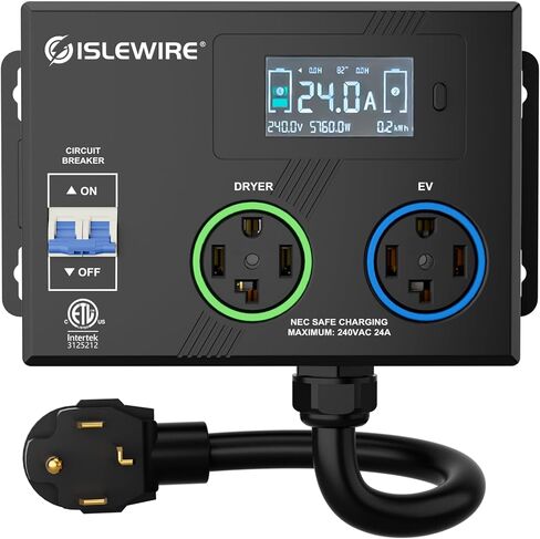 Smart Dryer Splitter for EV and Dryer, 240V Auto Power Switch for Dryer Outlet, 3-Color LED Ring, 3.4" LCD Display, No Rewiring Needed, ETL Certified (24 Amp, NEMA 14-30) in Kuwait