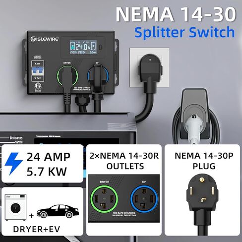 Smart Dryer Splitter for EV and Dryer, 240V Auto Power Switch for Dryer Outlet, 3-Color LED Ring, 3.4" LCD Display, No Rewiring Needed, ETL Certified (24 Amp, NEMA 14-30) in Kuwait
