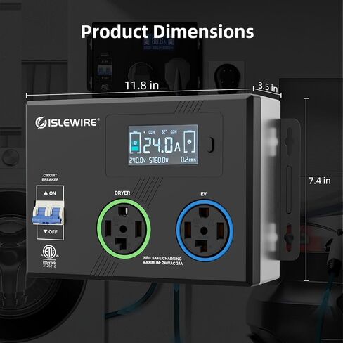 Smart Dryer Splitter for EV and Dryer, 240V Auto Power Switch for Dryer Outlet, 3-Color LED Ring, 3.4" LCD Display, No Rewiring Needed, ETL Certified (24 Amp, NEMA 14-30) in Kuwait