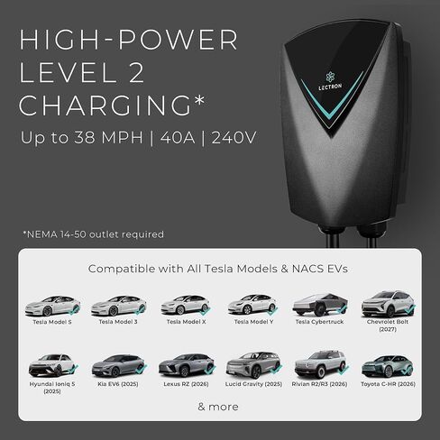 شاحن ليكترون تيسلا NACS المستوى 2 EV، معتمد من UL2594 (مدرج في قائمة ETL)، محطة شحن Nexus 40A 240V، كابل 23 قدم وحامل Tesla، مقبس NEMA 14-50، متوافق مع طراز Tesla S/3/X/Y وNACS (J3400) in Kuwait