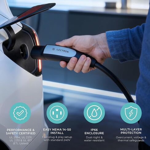 شاحن ليكترون تيسلا NACS المستوى 2 EV، معتمد من UL2594 (مدرج في قائمة ETL)، محطة شحن Nexus 40A 240V، كابل 23 قدم وحامل Tesla، مقبس NEMA 14-50، متوافق مع طراز Tesla S/3/X/Y وNACS (J3400) in Kuwait