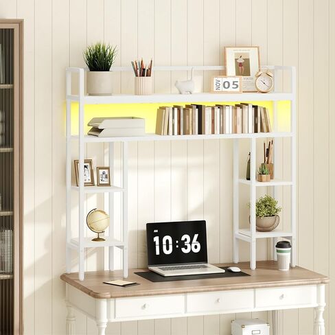 MAHANCRIS Desk Shelf, 43.3" Desk Hutch with Light Strip, Office Desktop Organizer, 5 Tier Desktop Bookshelf for Computer Monitor, Storage Rack for Study, Home Office, Rustic Brown DSHR9801 in Kuwait