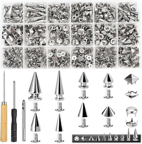 ceevian punk ترصيع للملابس 455pcs الفضة الشرير ترصيع المسامير عدة 10 حجم سبائك معدنية DIY المسامير لLeathercraft ونمط الشرير الملابس والاكسسوارات DIY الحرفية الديكور طوق الكلب in Kuwait