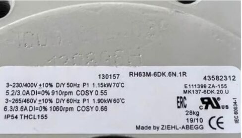 RH63M-6DK.6N.1N 230/400V 5.2/3.0A 1.15/1.90KW 910/1060RPM مروحة تبريد 630 مم in Kuwait
