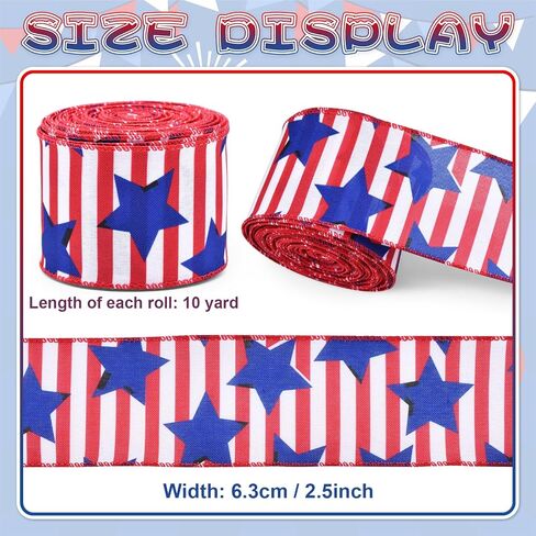 2.5" x 10m Patriotic Stars and Stripes Ribbon for Gift Wrapping – Red White Blue Wired Ribbon for Bows, Wreaths, DIY Crafts, Floral Arrangements, and 4th of July Decorations in Kuwait