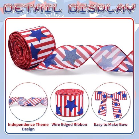 2.5" x 10m Patriotic Stars and Stripes Ribbon for Gift Wrapping – Red White Blue Wired Ribbon for Bows, Wreaths, DIY Crafts, Floral Arrangements, and 4th of July Decorations in Kuwait