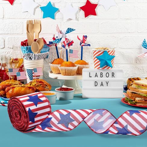 2.5" x 10m Patriotic Stars and Stripes Ribbon for Gift Wrapping – Red White Blue Wired Ribbon for Bows, Wreaths, DIY Crafts, Floral Arrangements, and 4th of July Decorations in Kuwait