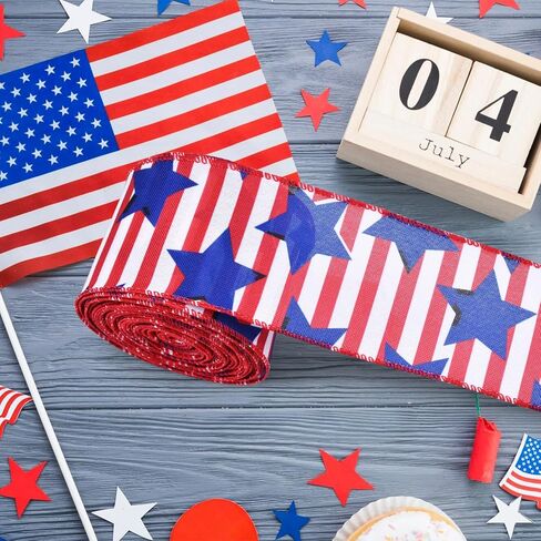 2.5" x 10m Patriotic Stars and Stripes Ribbon for Gift Wrapping – Red White Blue Wired Ribbon for Bows, Wreaths, DIY Crafts, Floral Arrangements, and 4th of July Decorations in Kuwait
