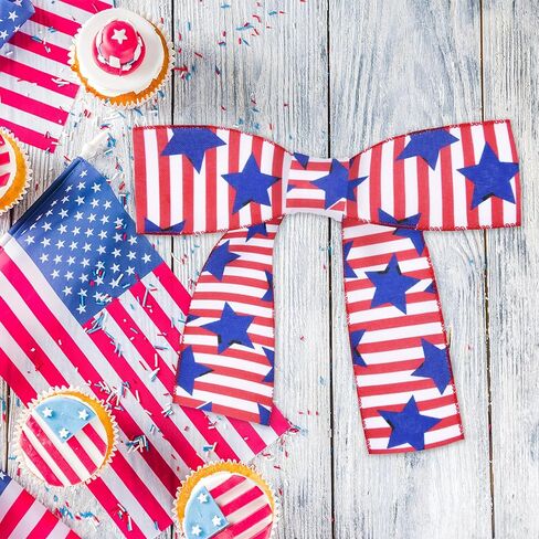 2.5" x 10m Patriotic Stars and Stripes Ribbon for Gift Wrapping – Red White Blue Wired Ribbon for Bows, Wreaths, DIY Crafts, Floral Arrangements, and 4th of July Decorations in Kuwait