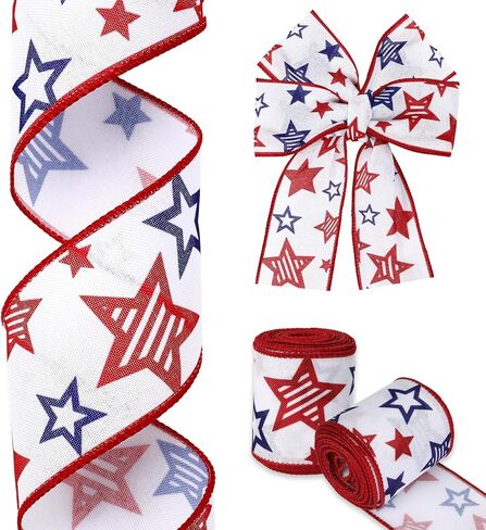 4th of July Ribbon Red White and Blue Ribbon Wired 2.5 Inch 10 Yards Patriotic Decorations Stars and Stripe American Flag Fourth of July Independence Day Memorial Veteran USA Party Favor DIY Craft Bow in Kuwait