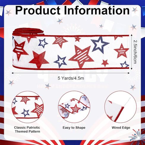 4th of July Ribbon Red White and Blue Ribbon Wired 2.5 Inch 10 Yards Patriotic Decorations Stars and Stripe American Flag Fourth of July Independence Day Memorial Veteran USA Party Favor DIY Craft Bow in Kuwait