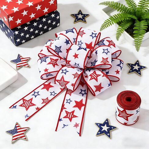 4th of July Ribbon Red White and Blue Ribbon Wired 2.5 Inch 10 Yards Patriotic Decorations Stars and Stripe American Flag Fourth of July Independence Day Memorial Veteran USA Party Favor DIY Craft Bow in Kuwait