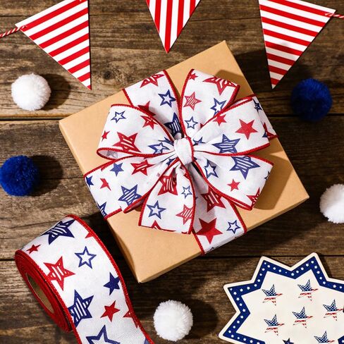 4th of July Ribbon Red White and Blue Ribbon Wired 2.5 Inch 10 Yards Patriotic Decorations Stars and Stripe American Flag Fourth of July Independence Day Memorial Veteran USA Party Favor DIY Craft Bow in Kuwait