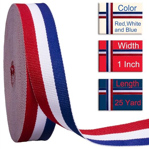 Double Faced Red/White/Blue Ribbon, 1 Inch Wide, 25 Yards Polyester Grosgrain Patriotic Ribbon, Perfect for Gift Wrapping, 4th of July Decorations, DIY Crafts, Bows, Sewing and Party Supplies in Kuwait
