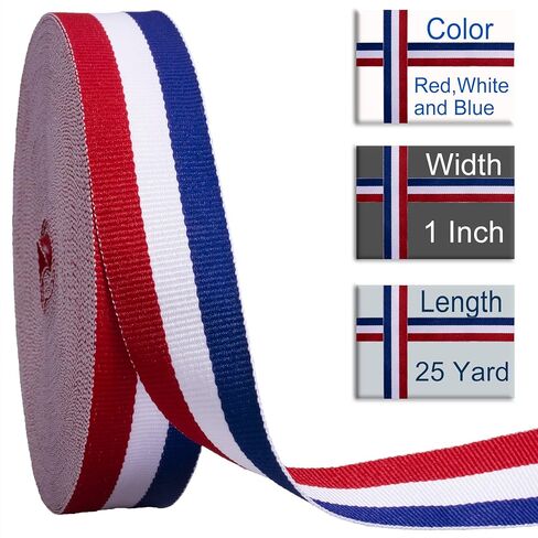 Double Faced Red/White/Blue Ribbon, 1 Inch Wide, 25 Yards Polyester Grosgrain Patriotic Ribbon, Perfect for Gift Wrapping, 4th of July Decorations, DIY Crafts, Bows, Sewing and Party Supplies in Kuwait