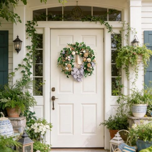 Egolot 20 Inch Daisy Flowers Lamb Ears Leaves Wreath for Front Door, Summer Flower Wreath with Wheat for Indoor and Outdoor, Floral Wreath for Home Decor in Saudi Arabia