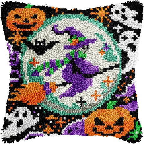 Halloween Flying Witch Latch Hook Kits for Adults Kids, Beginners DIY Latch Hook Pillow Kit Pre-Printed Hook and Latch Rug Kits Cross-stitch Embroidery Cushion Cover for Home Sofa Decoration 17x17 in in Kuwait
