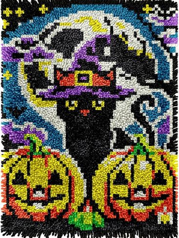 Halloween Flying Witch Latch Hook Kits for Adults Kids, Beginners DIY Latch Hook Pillow Kit Pre-Printed Hook and Latch Rug Kits Cross-stitch Embroidery Cushion Cover for Home Sofa Decoration 17x17 in in Saudi Arabia