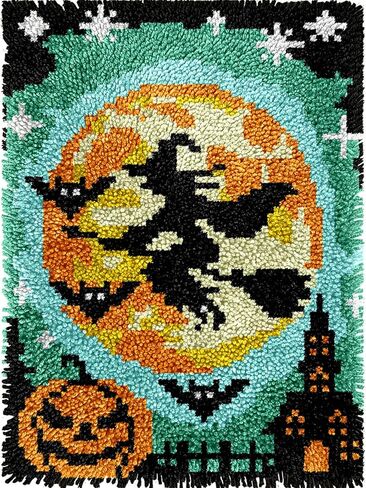 Halloween Flying Witch Latch Hook Kits for Adults Kids, Beginners DIY Latch Hook Pillow Kit Pre-Printed Hook and Latch Rug Kits Cross-stitch Embroidery Cushion Cover for Home Sofa Decoration 17x17 in in Saudi Arabia