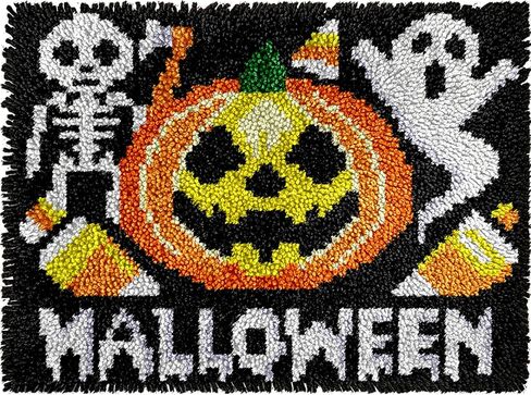 Halloween Flying Witch Latch Hook Kits for Adults Kids, Beginners DIY Latch Hook Pillow Kit Pre-Printed Hook and Latch Rug Kits Cross-stitch Embroidery Cushion Cover for Home Sofa Decoration 17x17 in in Saudi Arabia