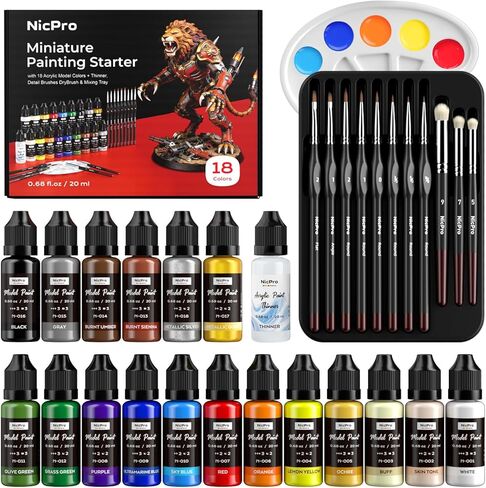 Nicpro All-In-One Miniature Painting Kit, Starter Paint Set with 18 Colors Model Paint & Thinner(20ml), Palette, 11 Detail Paint Brushes Drybrush, Miniature Paint Set for Models, Scale Figures, Crafts in Kuwait
