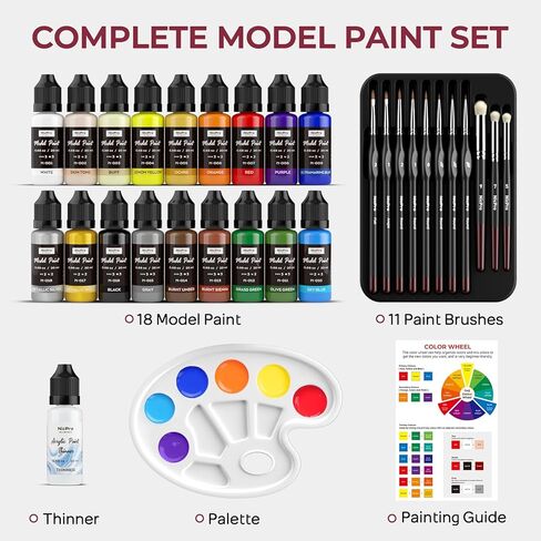 Nicpro All-In-One Miniature Painting Kit, Starter Paint Set with 18 Colors Model Paint & Thinner(20ml), Palette, 11 Detail Paint Brushes Drybrush, Miniature Paint Set for Models, Scale Figures, Crafts in Kuwait