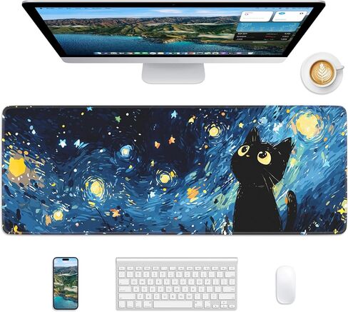 Starry Night Cat Mouse Pad, 31.5 x 11.8 Large Desk Mat with Stitched Edges & Non-Slip Base, Mousepad for Office, Home, Work in Kuwait