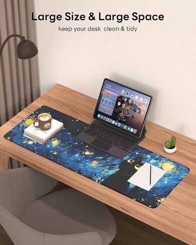 Starry Night Cat Mouse Pad, 31.5 x 11.8 Large Desk Mat with Stitched Edges & Non-Slip Base, Mousepad for Office, Home, Work in Kuwait
