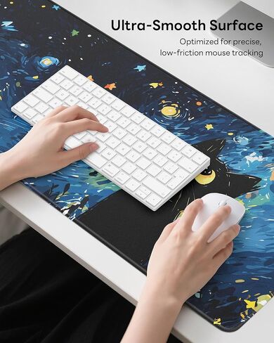 Starry Night Cat Mouse Pad, 31.5 x 11.8 Large Desk Mat with Stitched Edges & Non-Slip Base, Mousepad for Office, Home, Work in Kuwait