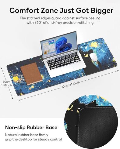 Starry Night Cat Mouse Pad, 31.5 x 11.8 Large Desk Mat with Stitched Edges & Non-Slip Base, Mousepad for Office, Home, Work in Kuwait