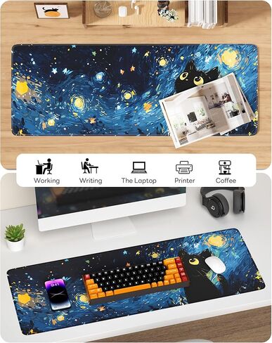 Starry Night Cat Mouse Pad, 31.5 x 11.8 Large Desk Mat with Stitched Edges & Non-Slip Base, Mousepad for Office, Home, Work in Kuwait