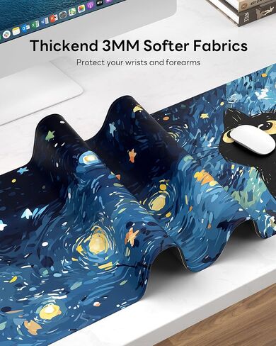 Starry Night Cat Mouse Pad, 31.5 x 11.8 Large Desk Mat with Stitched Edges & Non-Slip Base, Mousepad for Office, Home, Work in Kuwait
