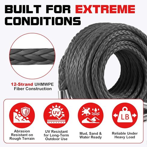 Synthetic Winch Rope Extension - 1/4'' X 50ft 10,000 LBS Heavy Duty Extension Winch Line Cable Replacement for ATV UTV Off Road Vehicle Jeep Truck - Grey in Kuwait
