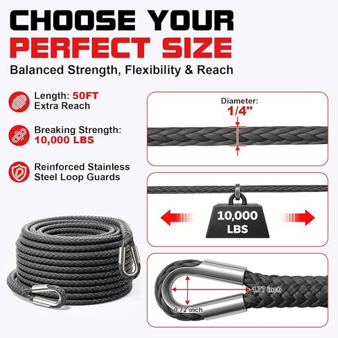 Synthetic Winch Rope Extension - 1/4'' X 50ft 10,000 LBS Heavy Duty Extension Winch Line Cable Replacement for ATV UTV Off Road Vehicle Jeep Truck - Grey in Kuwait