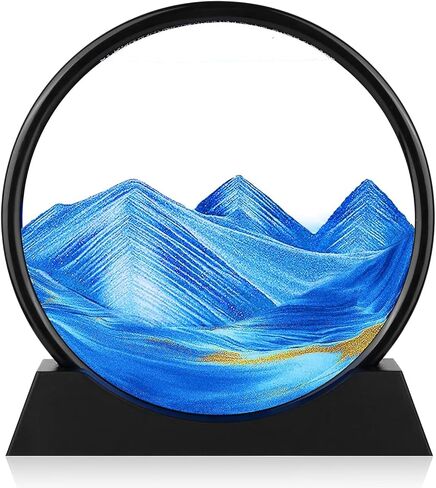 Moving Sand Art Picture - Round Glass 3D Deep Sea Sandscape - 3D Quicksand Painting Decor - Relaxing Home Decoration Desk Figurine for Office, Home, Desk, Mantle, Bookshelf - (Blue, 7 in) in Kuwait