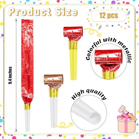 12 Pcs Party Blowers, Colorful Noise Makers Funny Blow Horns for Birthday New Years Graduation Sporting Events Party Favor Supplies (Metallic) in Kuwait