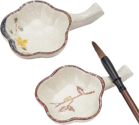 PH PandaHall 2 Styles Flower Ceramic Ink Plate Porcelain Ink Dish with Handle Multifunctional Inkwell Dish Calligraphy Brush Rest Holder for Writings Chinese Calligraphy Japanese Painting Practice in Kuwait