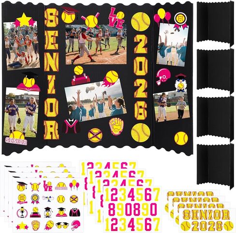 Resurhang 4 Set 24''x16'' Baseball Senior Night Gifts Senior 2026 Trifold Poster Board Photo Display Board with 12 Sheet Sports Themed Stickers for Graduation Picture Frame Sport Theme Party Supplies in Kuwait