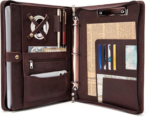 YIWEN Handmade Leather Portfolio with Handle, 3 Ring Binder, Zippered Padfolio for 13" Tablet, 8.5 x 11 Notepad, Professional Business Document Organizer (Dark Brown, Crazy Horse Leather) in Kuwait