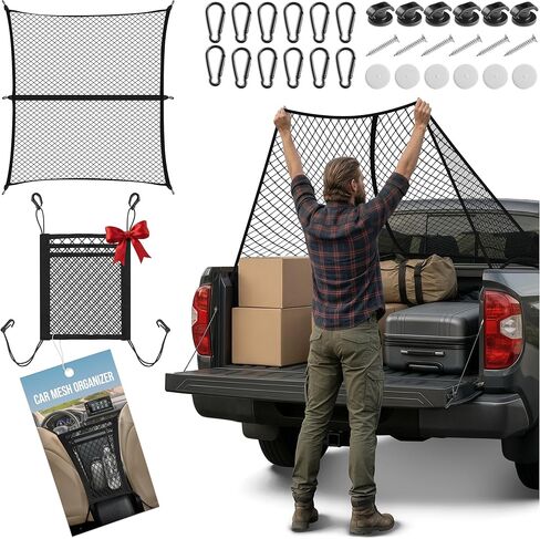 Ultra-Secure Cargo Net for Pickup Truck Bed - SUV Elastic Cargo Netting for Securing Loads, Includes Car Mesh Organizer, 12 Carabiners and 12 Hooks, Truck Bed Net 4 X 6 Ft up to 7 X 10.5 Ft in Kuwait